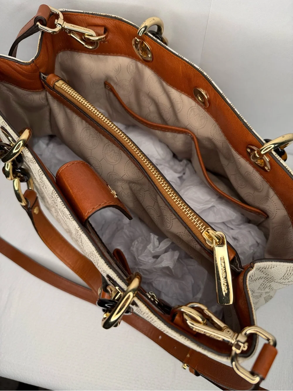 Michael Kors Cream Logo Tote with Brown Leather Straps